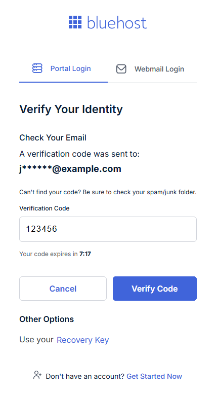 Bluehost Portal - Enter verification code