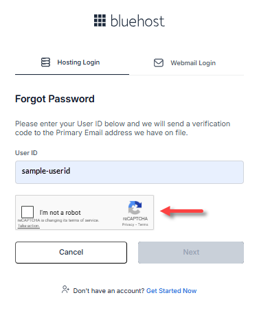 Bluehost Account Manager - Forgot Password - Complete reCaptcha