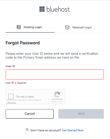 Bluehost Account Manager - Forgot Password - Enter User ID