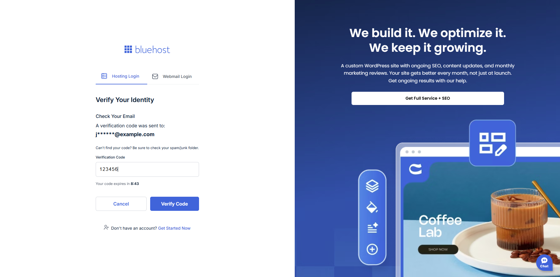 Bluehost Portal - Forgot Password - Enter verification code