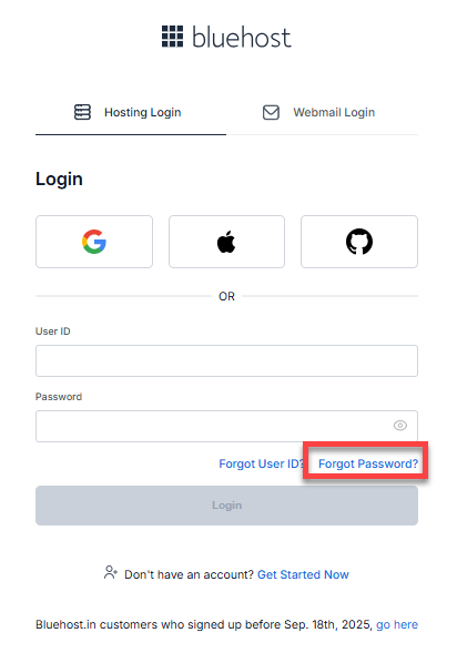 Bluehost Account Manager - Login page - Forgot Password?
