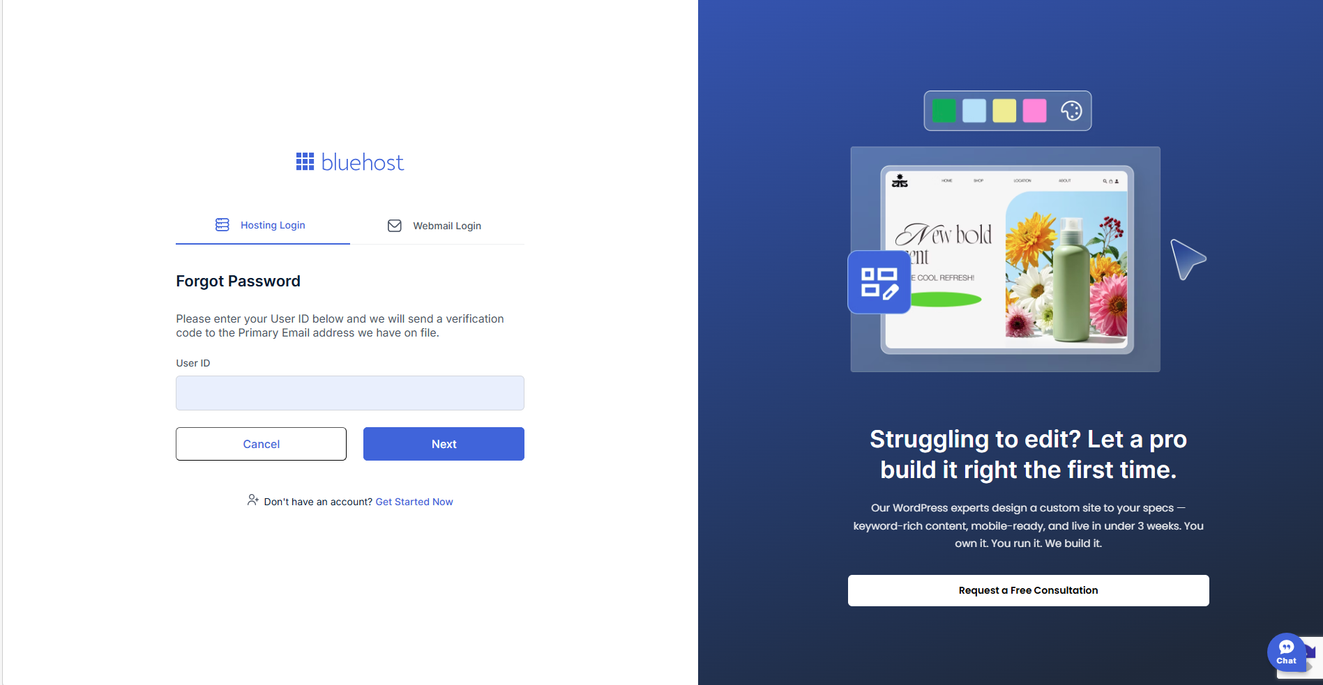 Bluehost Account Manager - Forgot Password - Enter User ID