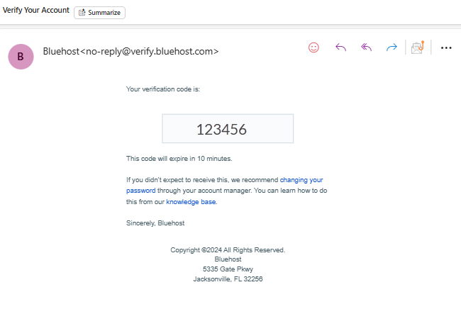 Bluehost Login Page - Sample Verification code
