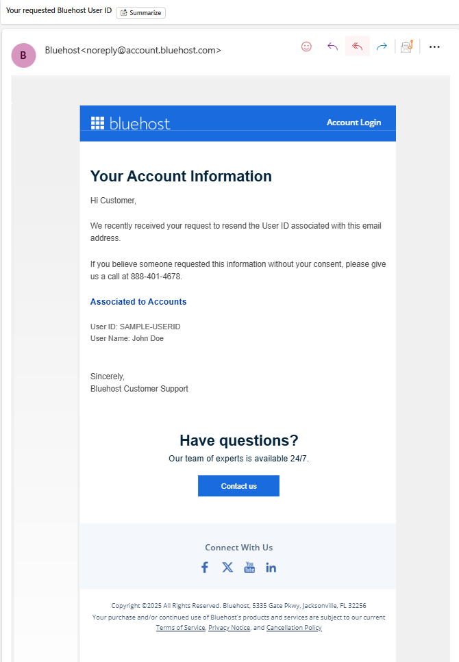Bluehost Account Manager - Forgot User ID - Check email