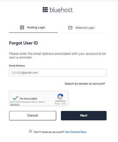 Bluehost Account Manager - Forgot User ID - Enter email address