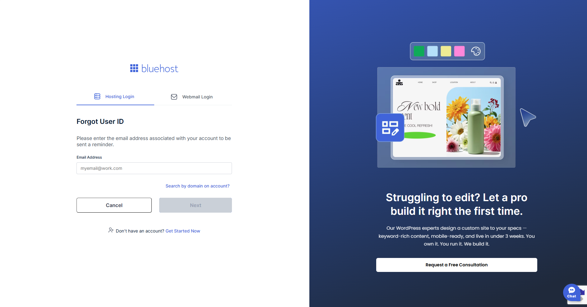 Bluehost Account Manager - Forgot User ID - Enter email address