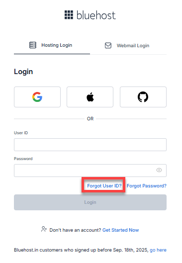 Bluehost Account Manager - Login page - Forgot User ID?