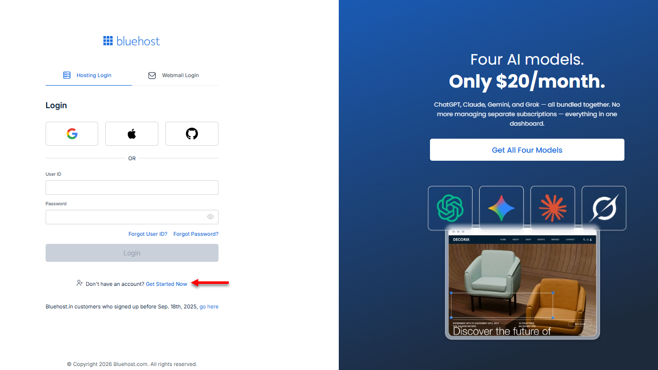 Bluehost Portal - Login page - Get Started Now