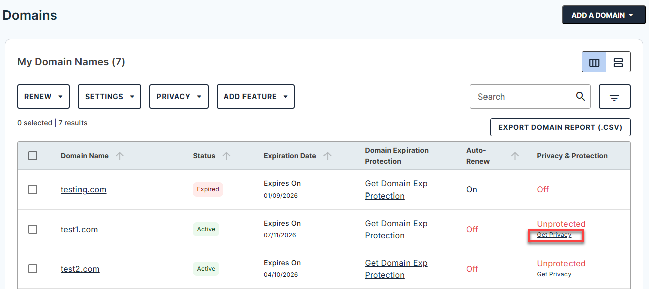 Bluehost Domains Tab - My Domain Names Get Privacy Link