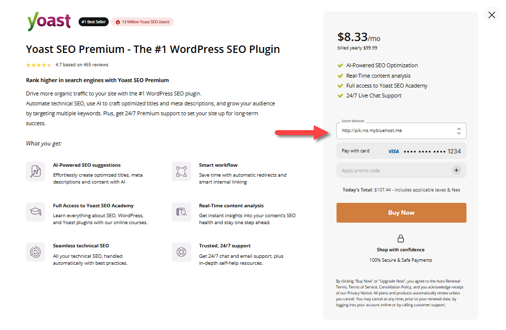 Marketplace - Yoast SEO Premium pop-up - Select website