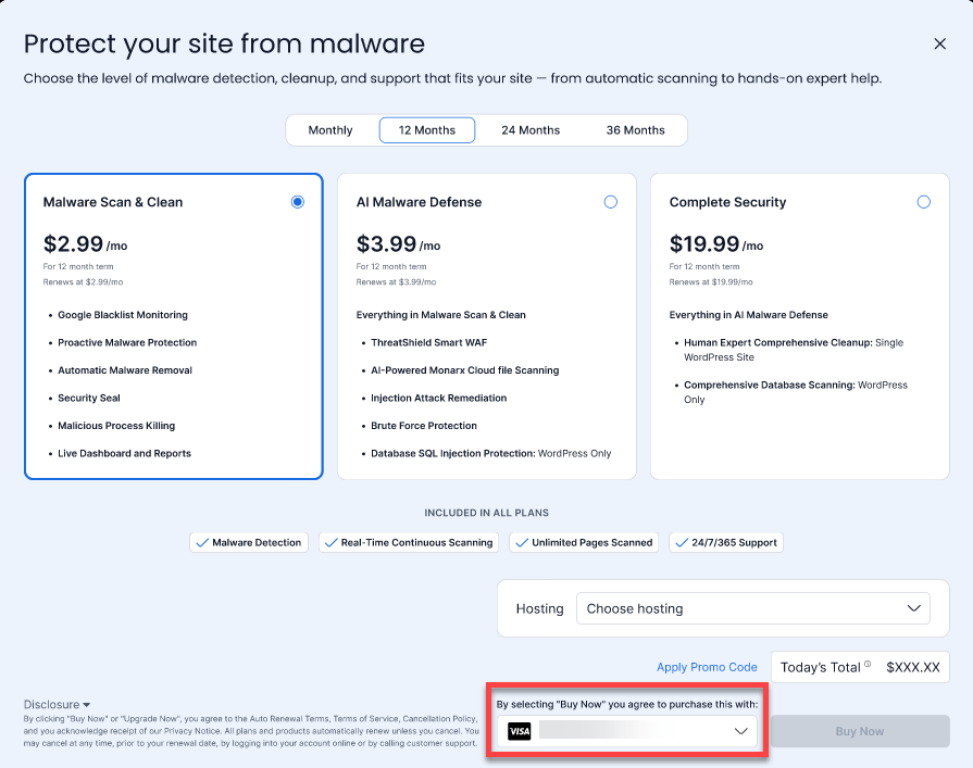 Malware Protection Plan - Marketplace Tab - Select your payment method