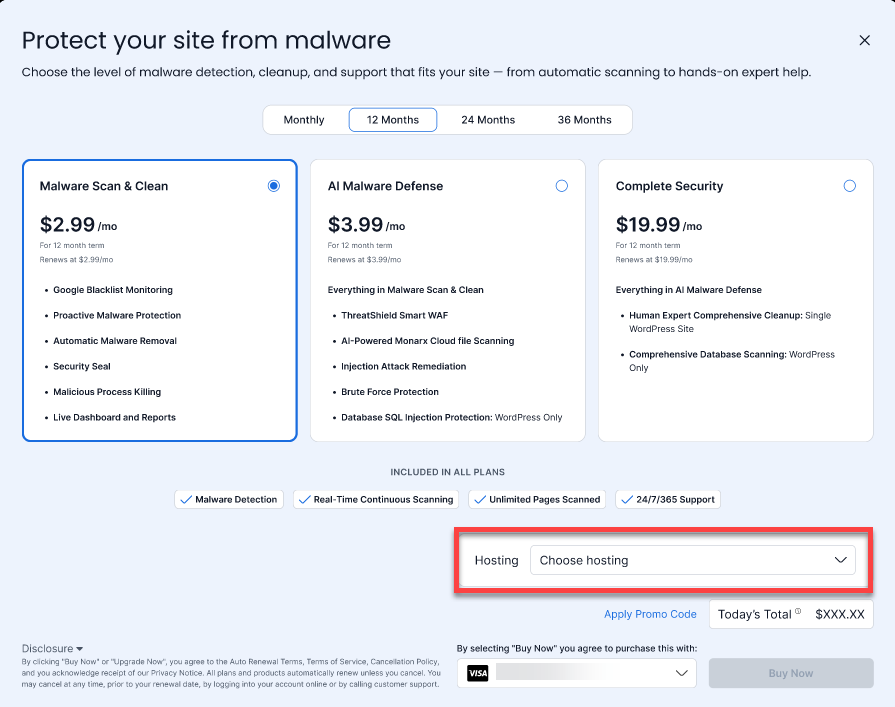 Select Hosting Plan for Malware Protection - Marketplace Tab