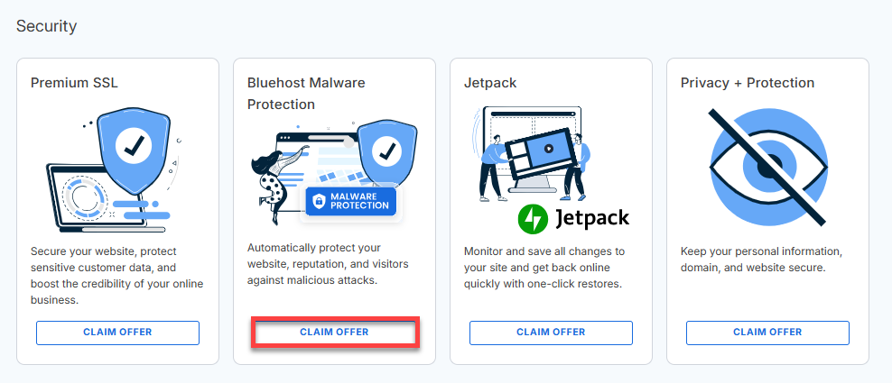 Bluehost Malware Protection - Marketplace Tab - Claim Offer