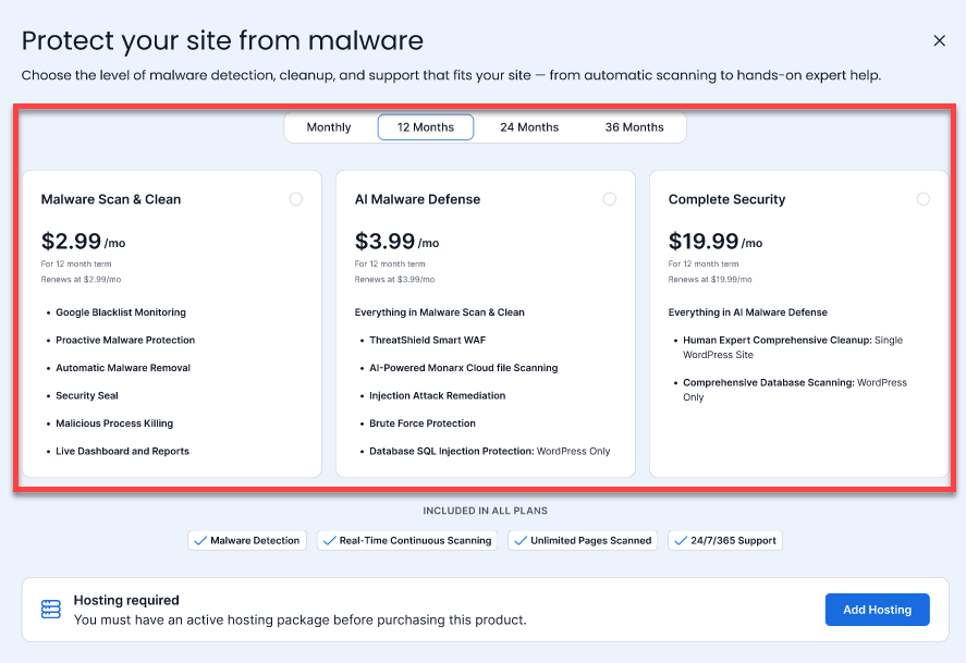 Bluehost Malware Protection Plans - Marketplace Tab