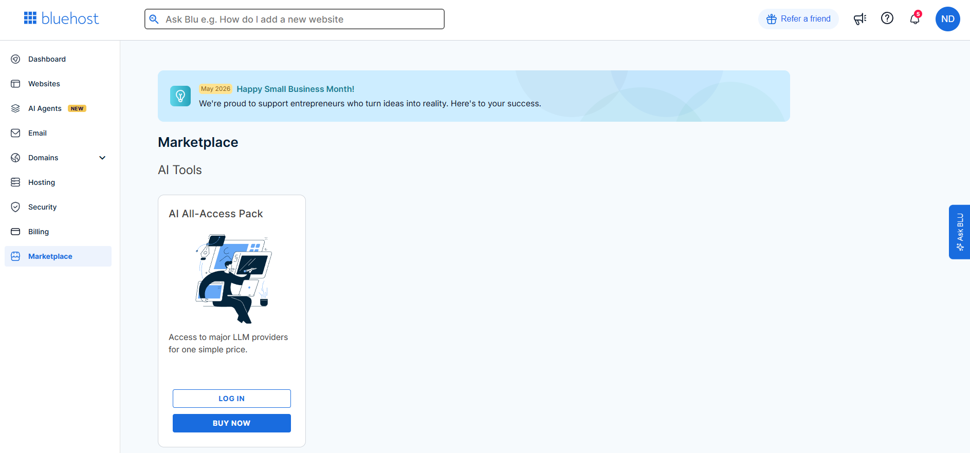 Bluehost Portal - Marketplace tab interface