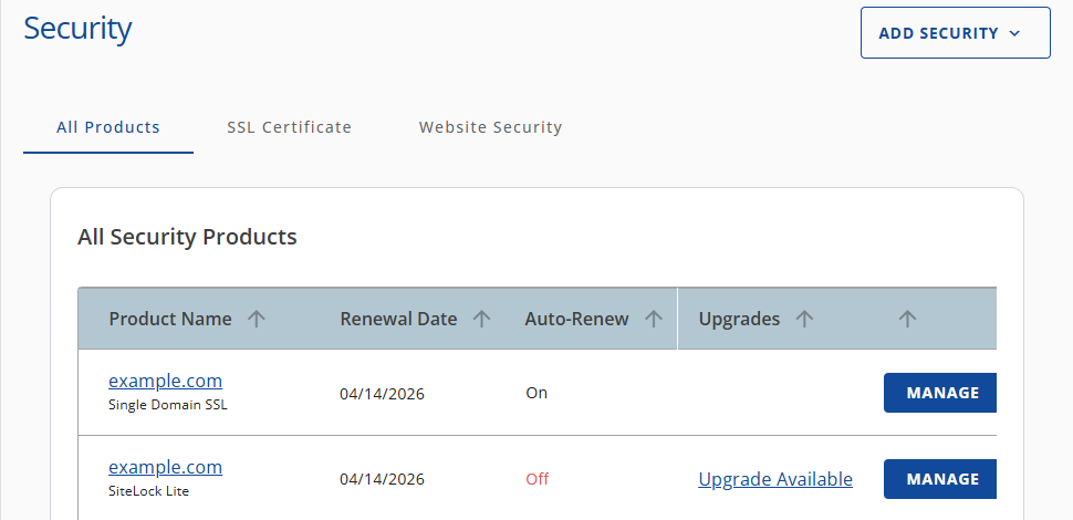 Account Manager - Left Navigation Menu - Security