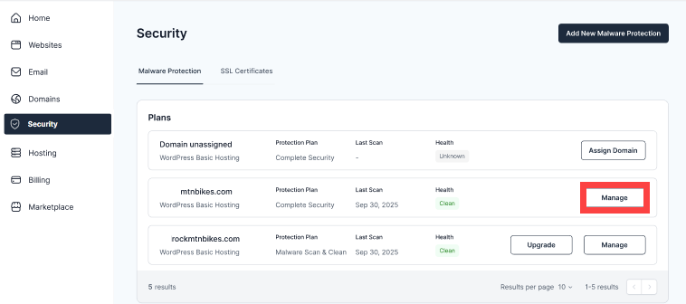 Bluehost Portal - Left Navigation Menu - Security Manage SiteLock