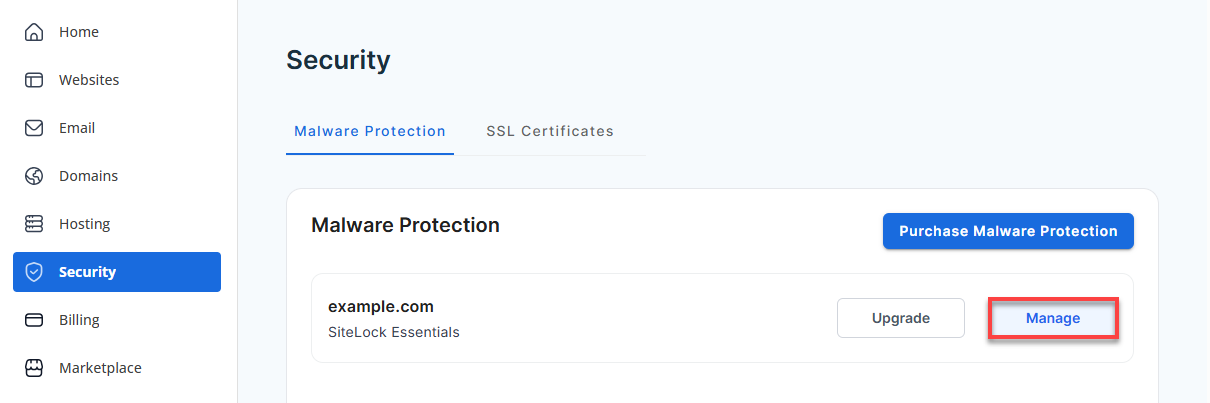 Account Manager - Left Navigation Menu - Security Manage SiteLock