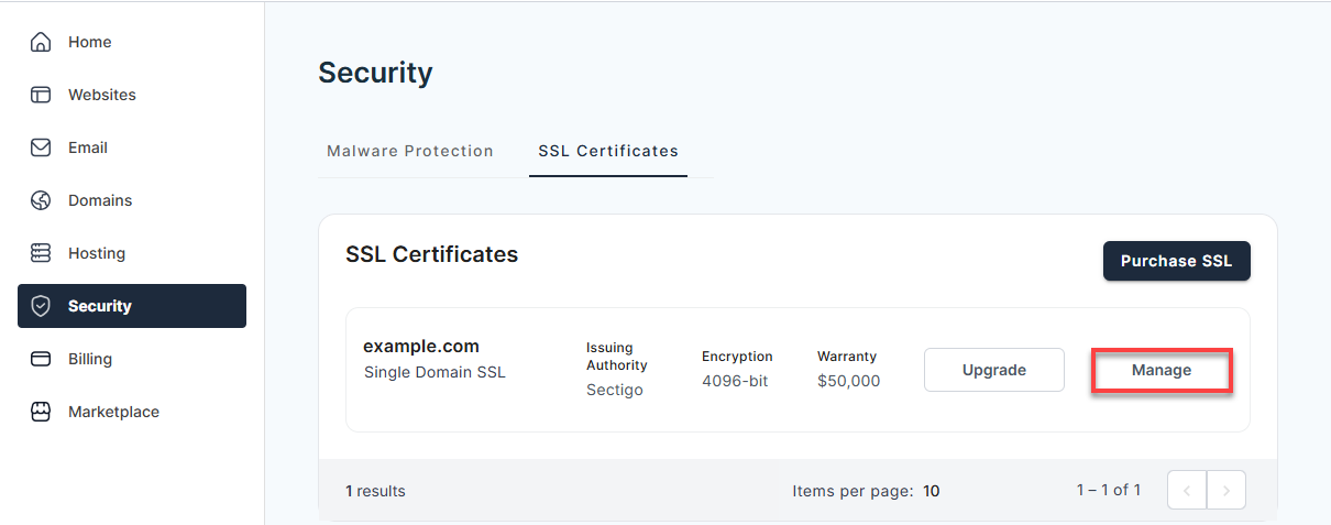 Bluehost Portal - Left Navigation Menu - Security Manage SSL