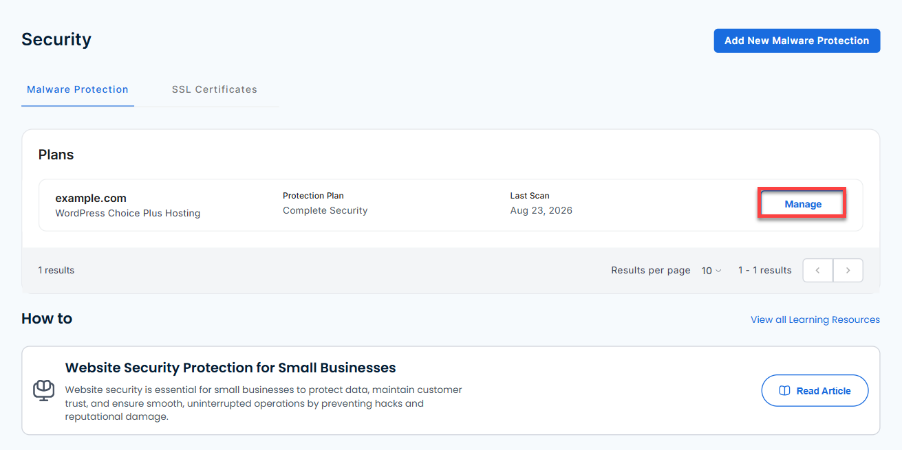 Bluehost Portal - Security - Manage Malware Protection