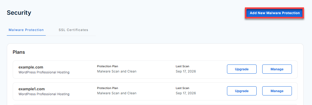 Bluehost Malware Protection Plans - Security Tab - Add New Malware Protection