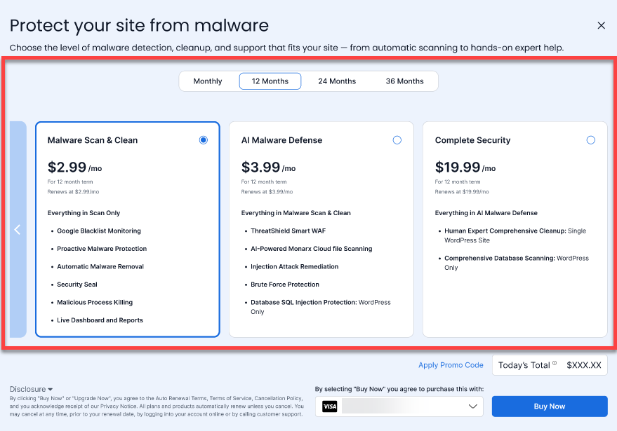 Bluehost Malware Protection Plans - Security Tab