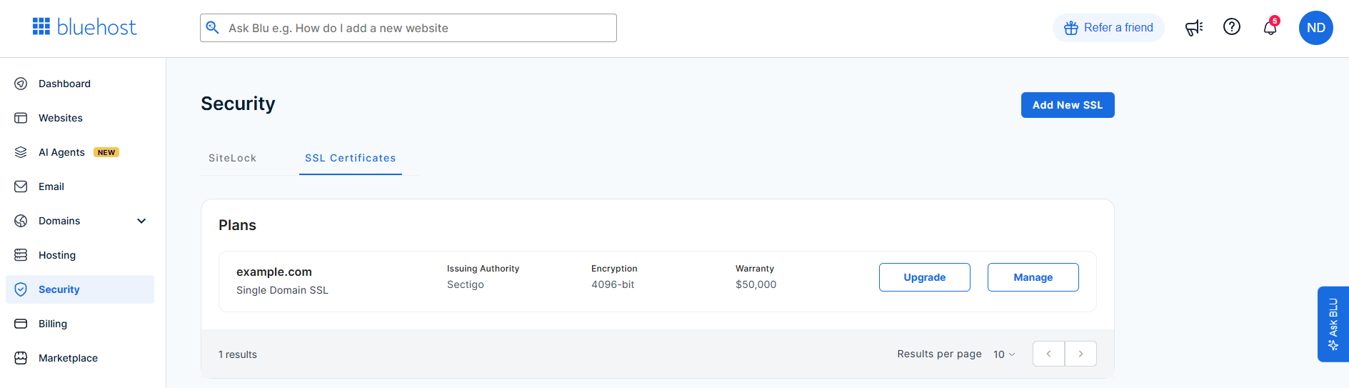 Bluehost Portal - Security tab interface