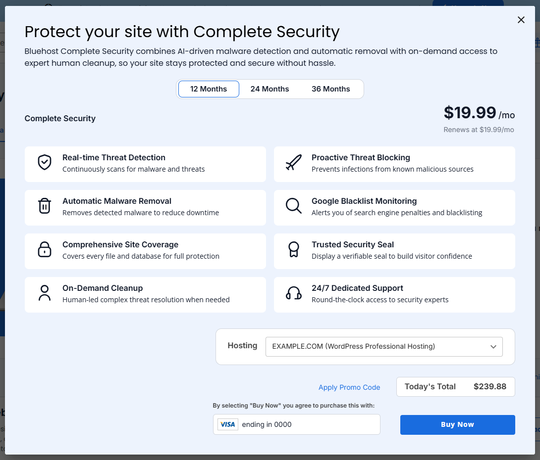 Bluehost Security Tab - Purchase Bluehost Malware Protection