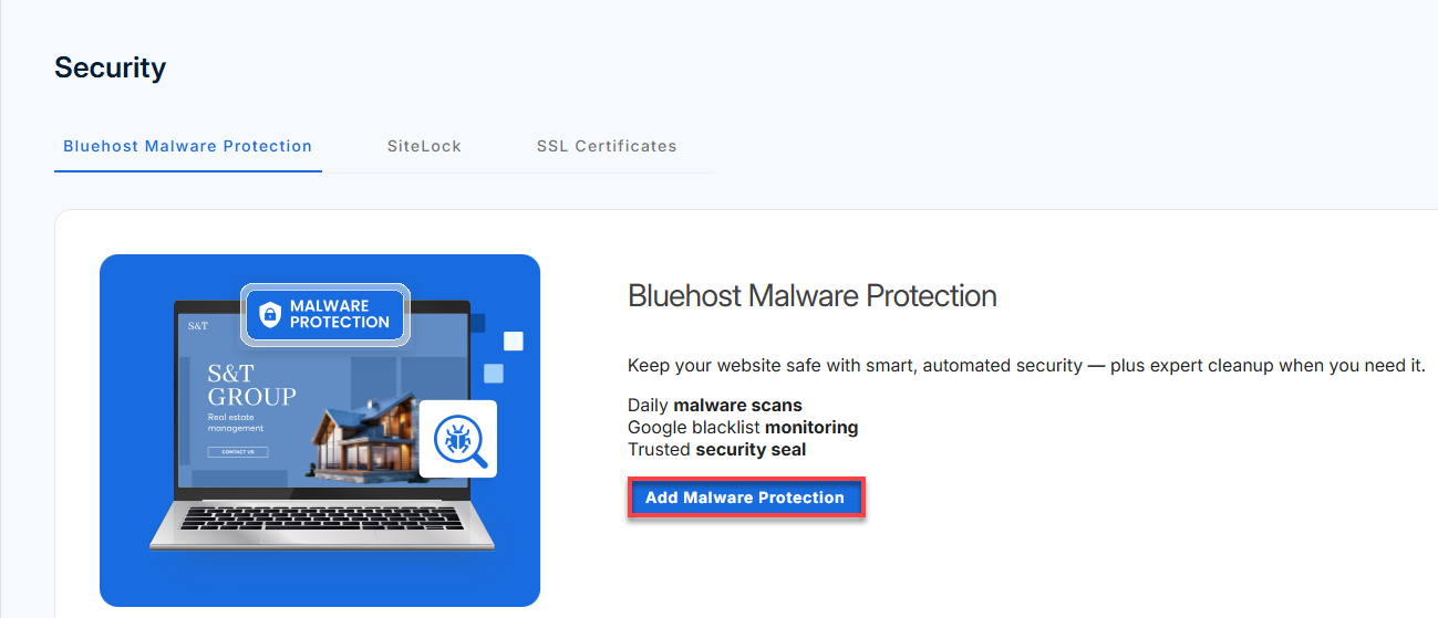 Bluehost Security Tab - Purchase Bluehost Malware Protection