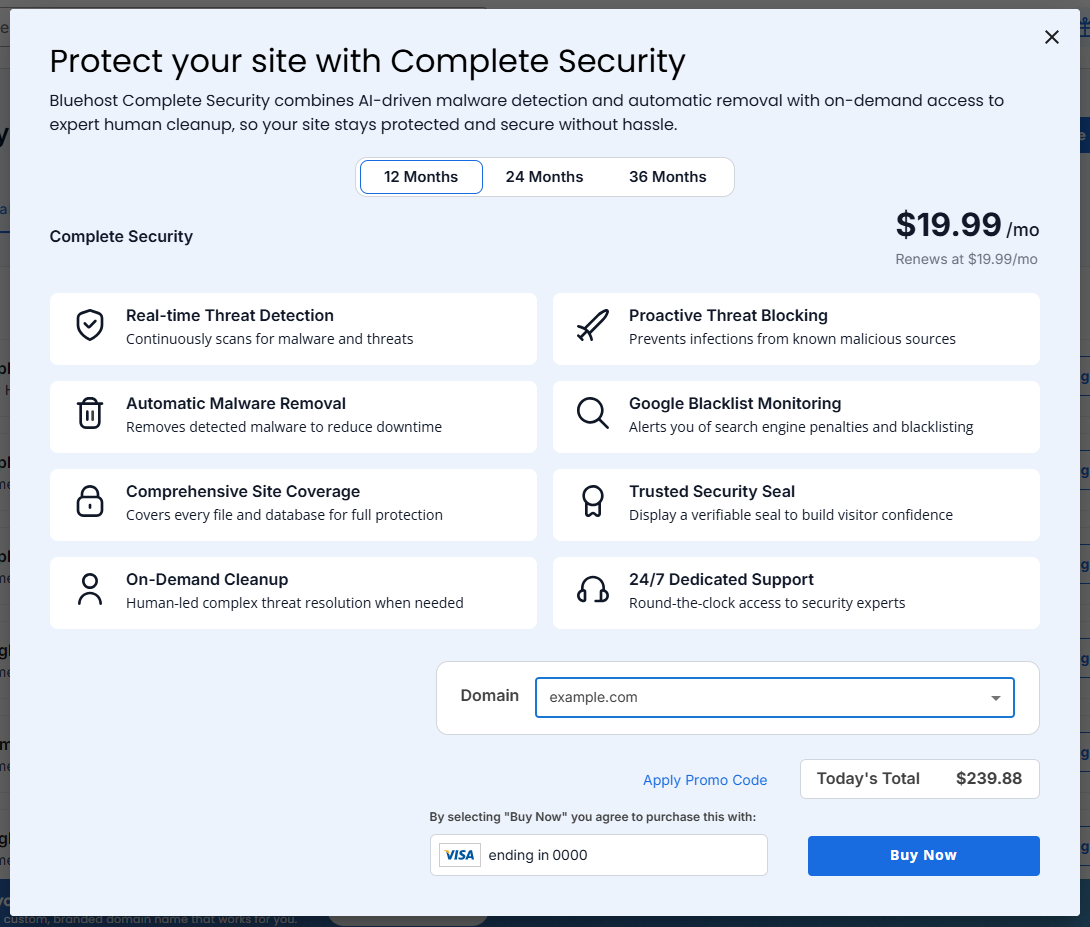 Bluehost Security Tab - Upgrade Bluehost Malware Protection