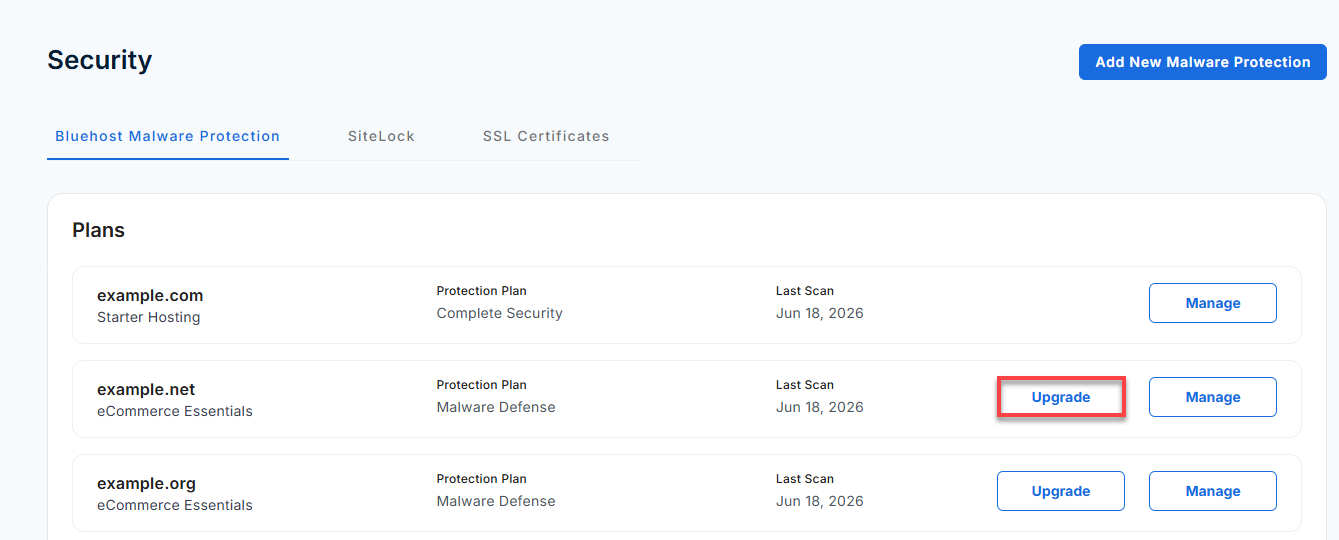 Bluehost Security Tab - Upgrade Bluehost Malware Protection