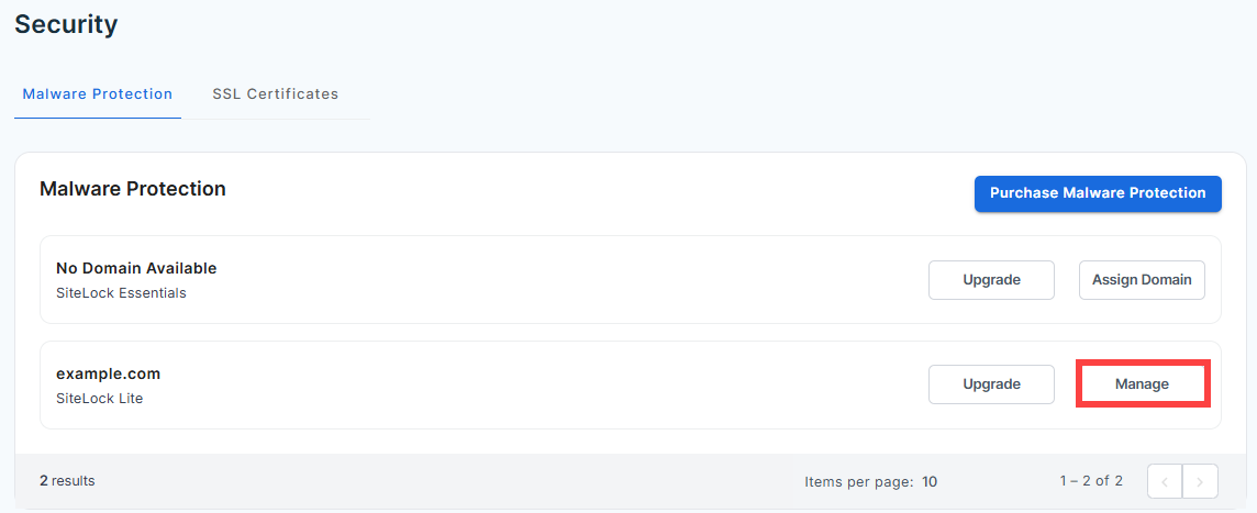Malware Protection - Manage button