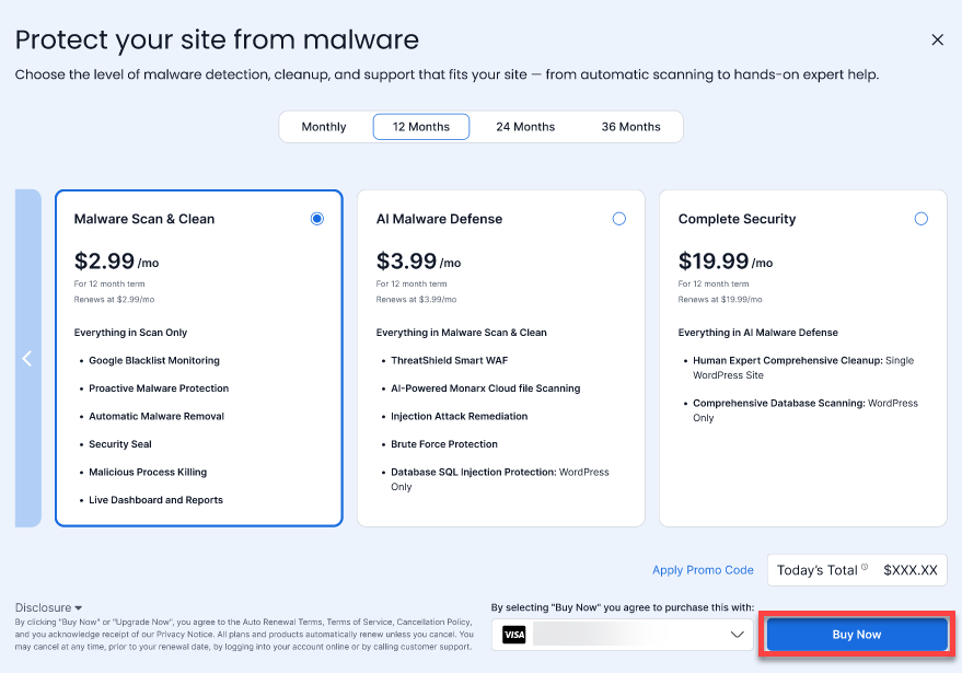 Purchase Bluehost Malware Protection Plans - Security Tab - Buy Now Button