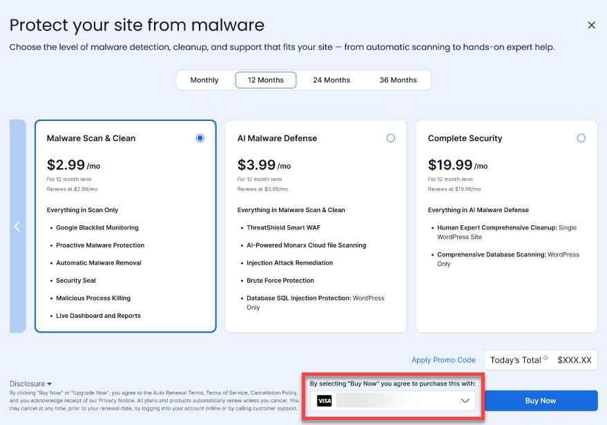 Bluehost Malware Protection Plans - Security Tab - Choose your payment method