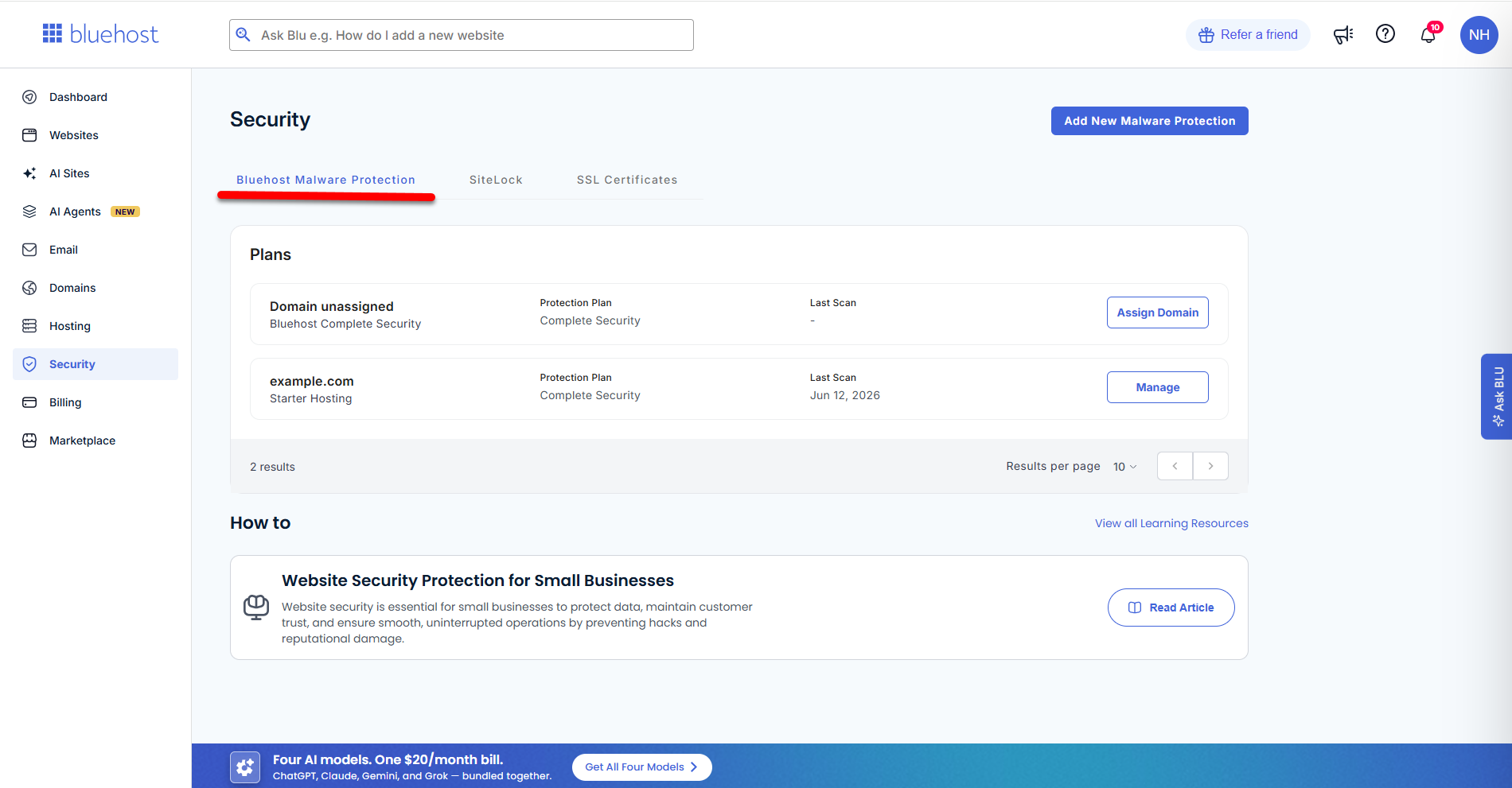Bluehost Portal - Security tab - Bluehost Malware Protection tab