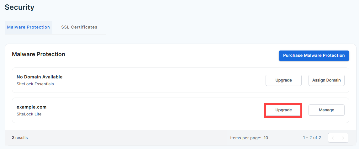 Malware Protection - Upgrade button