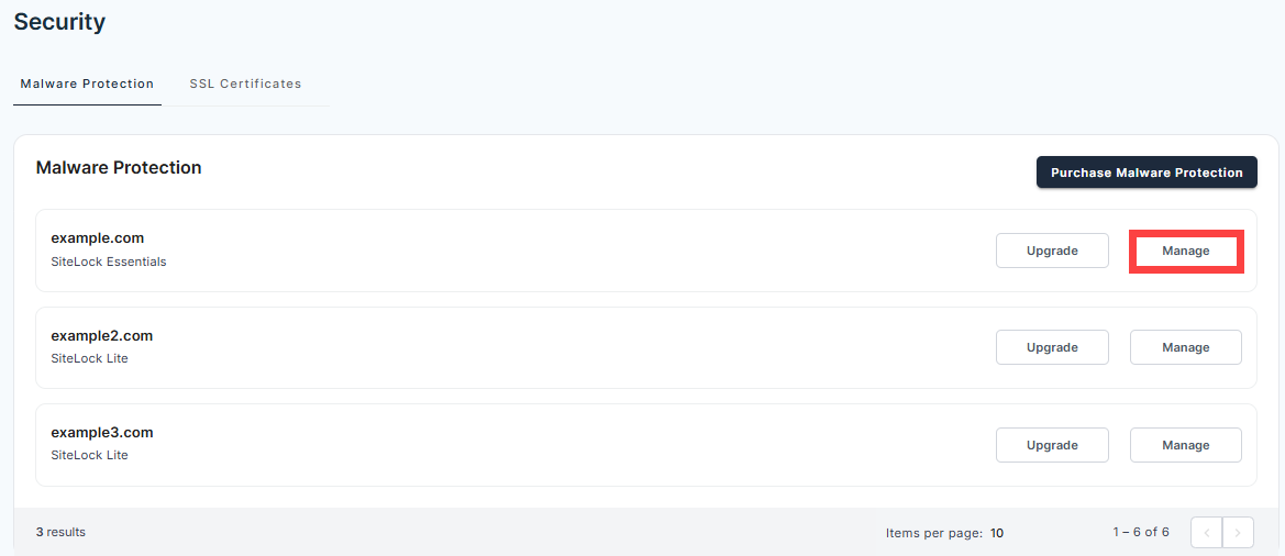 BH Portal - Security Tab - Malware Protection - Manage