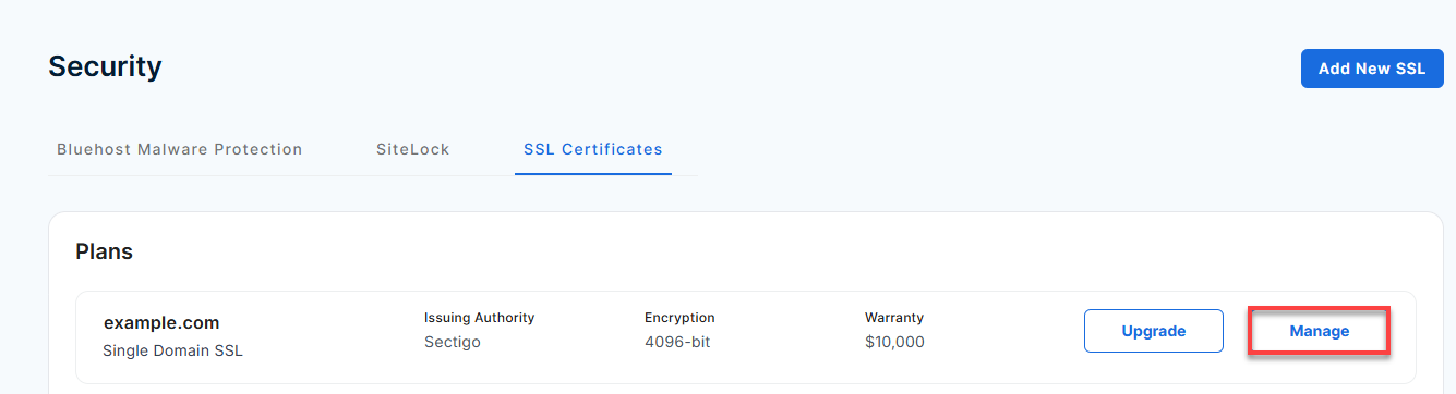 SSL Certificates - Manage button