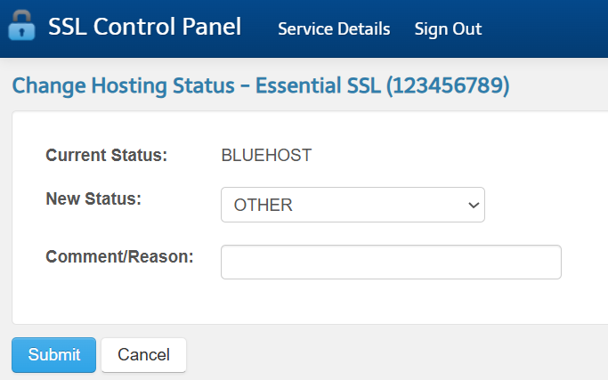 SSL Certificates - SSL Control Panel - Change Hosting Status - Enter new status