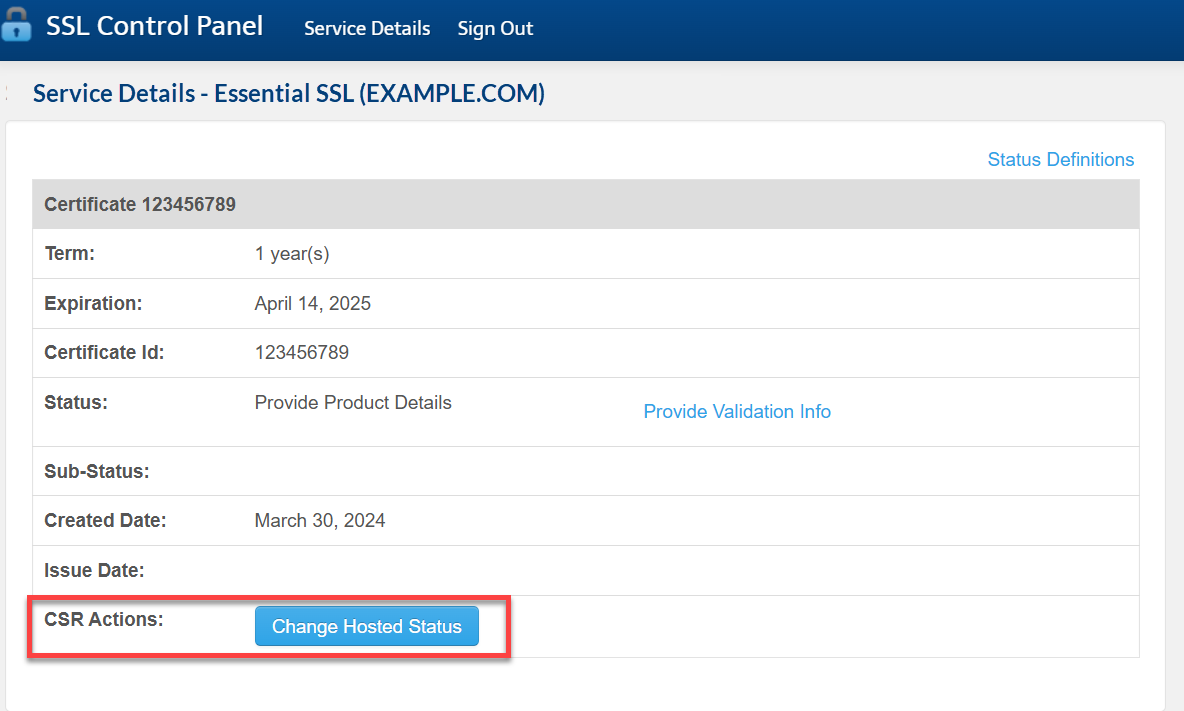 SSL Certificates - SSL Control Panel - Change Hosting Status