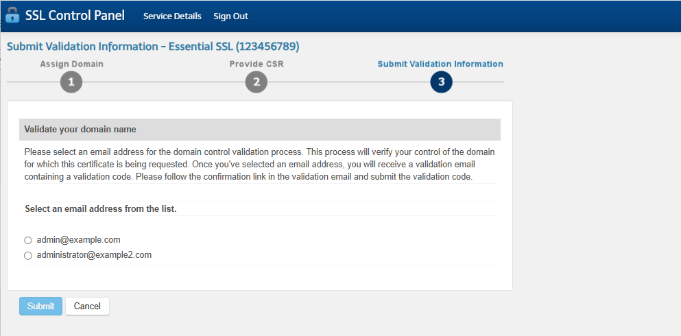 SSL Certificates - SSL Control Panel - Provide Validation Info popup