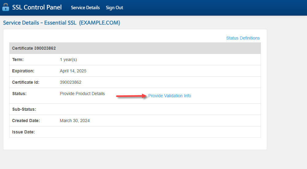 SSL Certificates - SSL Control Panel - Provide Validation Info