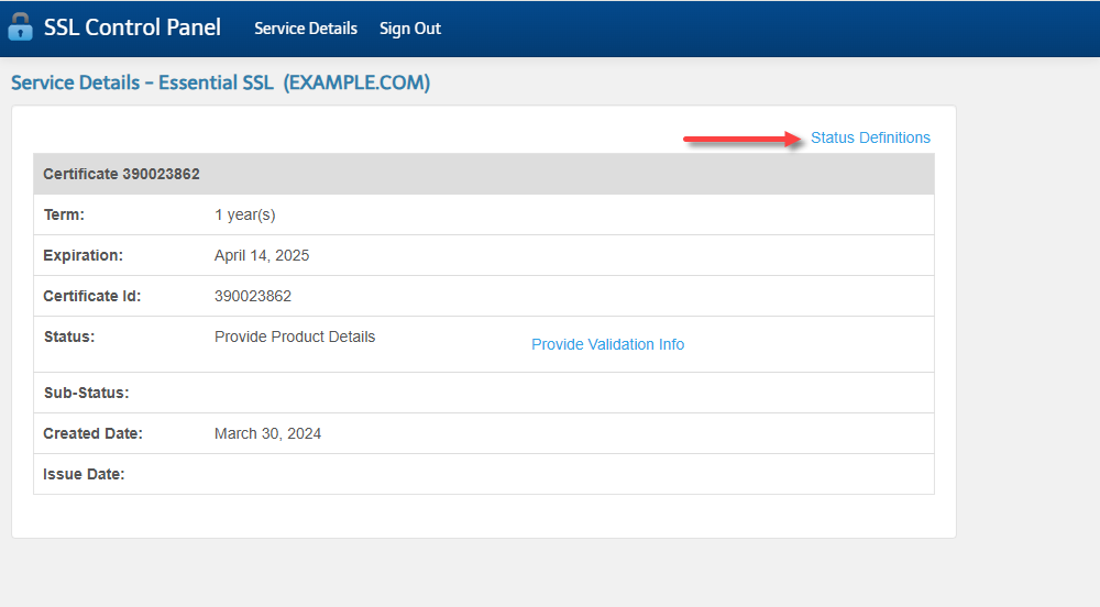 SSL Certificates - SSL Control Panel - Status Definitions