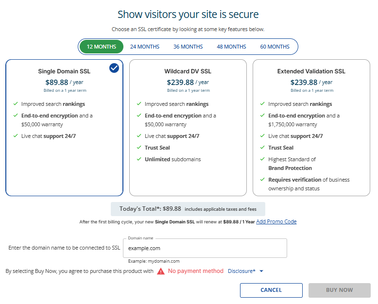 Security tab - Purchase SSL popup