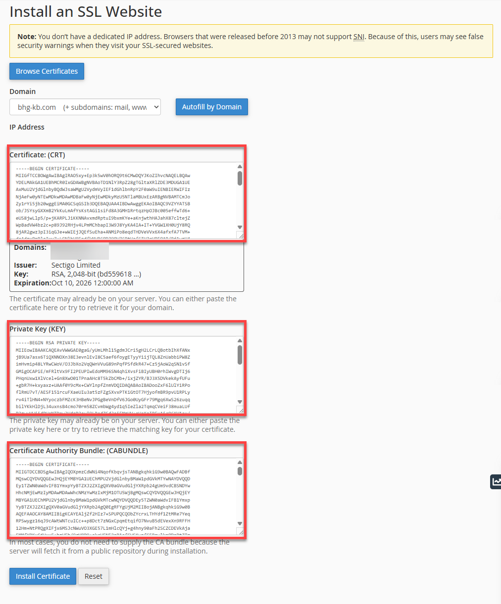 Configure SSL with SiteLock - Copy Certificate (CRT), Private Kee & CA Bundle