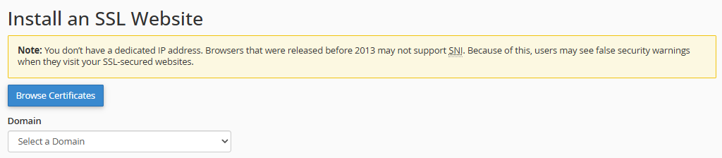 Manage SSL sites - Select Domain