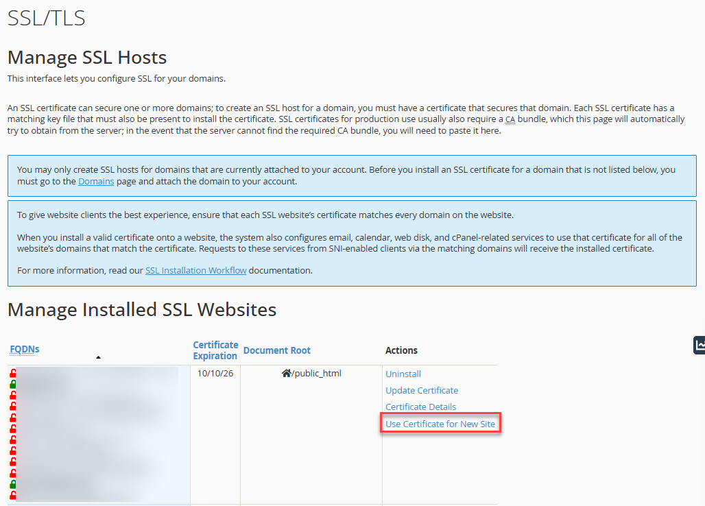 Configure SSL with SiteLock - Use Certificate for New Site