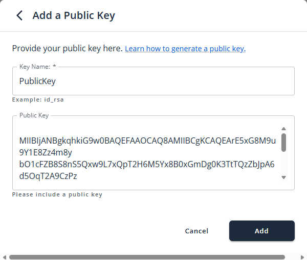 Add a Public Key pop-up access your server securely