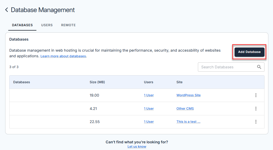 Manage MySQL Database - Add Database