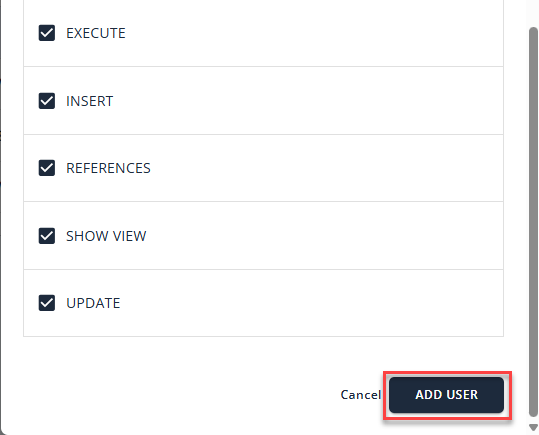 Manage MySQL Database - Add User button